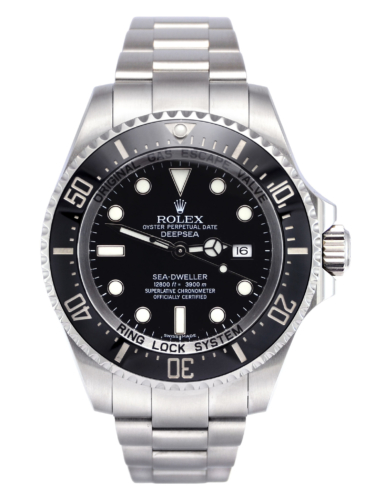 Front view image of a pre-owned, 2016, stainless steel Rolex Sea-Dweller Deepsea 116660 with a classic black dial