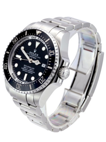 Side view image of a pre-owned, 2016, stainless steel Rolex Sea-Dweller Deepsea 116660 with a classic black dial