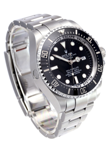 Side view image of a pre-owned, 2016, stainless steel Rolex Sea-Dweller Deepsea 116660 with a classic black dial