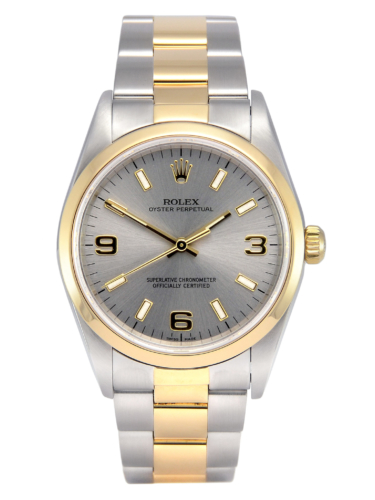 Front view image of a bimetal Rolex Oyster Perpetual 14203M in stainless steel & yellow gold, with a beautiful grey dial