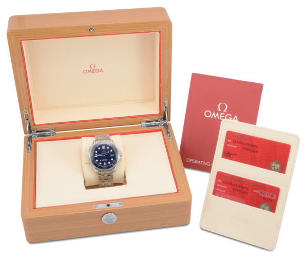 Box & documentation of Omega Seamaster 212.30.41.20.03.001 300M diver's watch, with a navy blue dial and ceramic bezel
