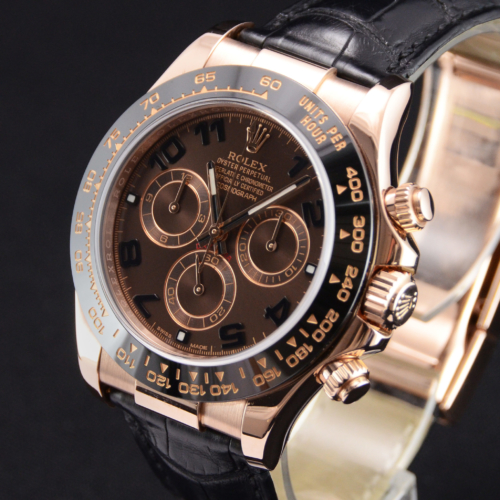 Detailed view image of a chocolate dial Rolex Daytona 116515LN with a black ceramic bezel and a black leather strap