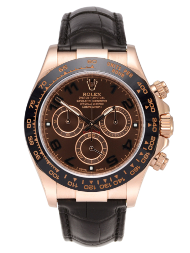 Front view image of a chocolate dial Rolex Daytona 116515LN with a black ceramic bezel and a black leather strap