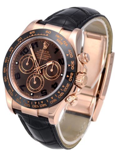 Side view image of a chocolate dial Rolex Daytona 116515LN with a black ceramic bezel and a black leather strap