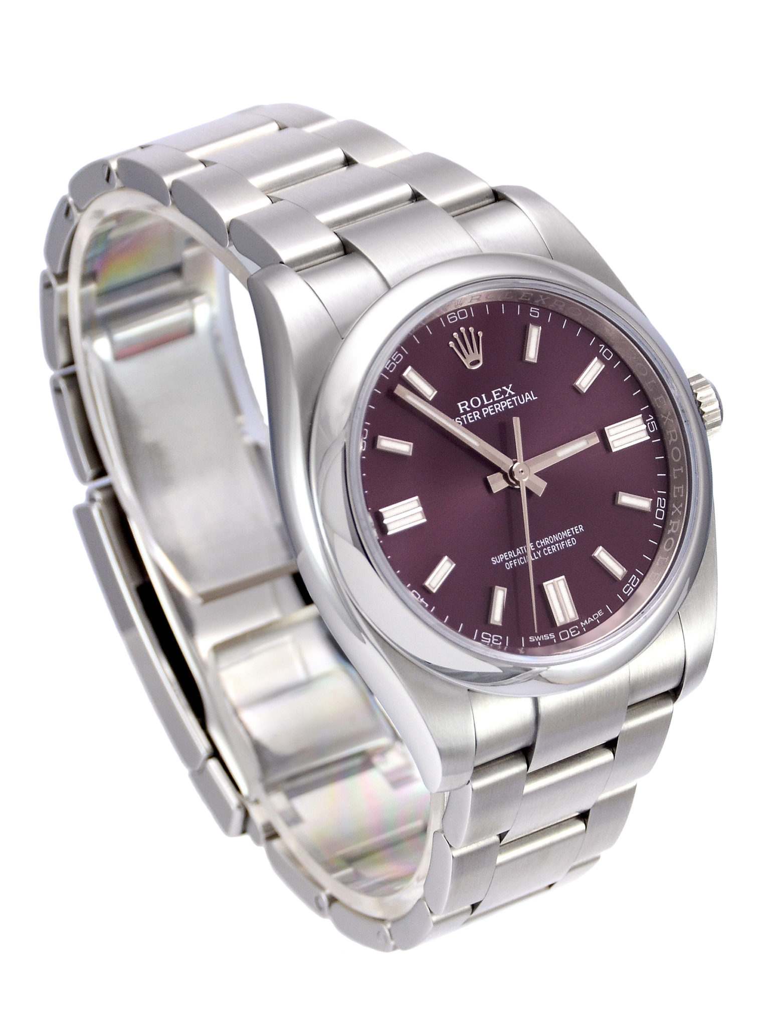 Second Hand Rolex Oyster Perpetual 116000 with a red grape (purple) dial Front view image of a used Rolex Oyster Perpetual 116000, 36mm case size, on a stainless steel Oyster bracelet with a starburst effect red grape dial