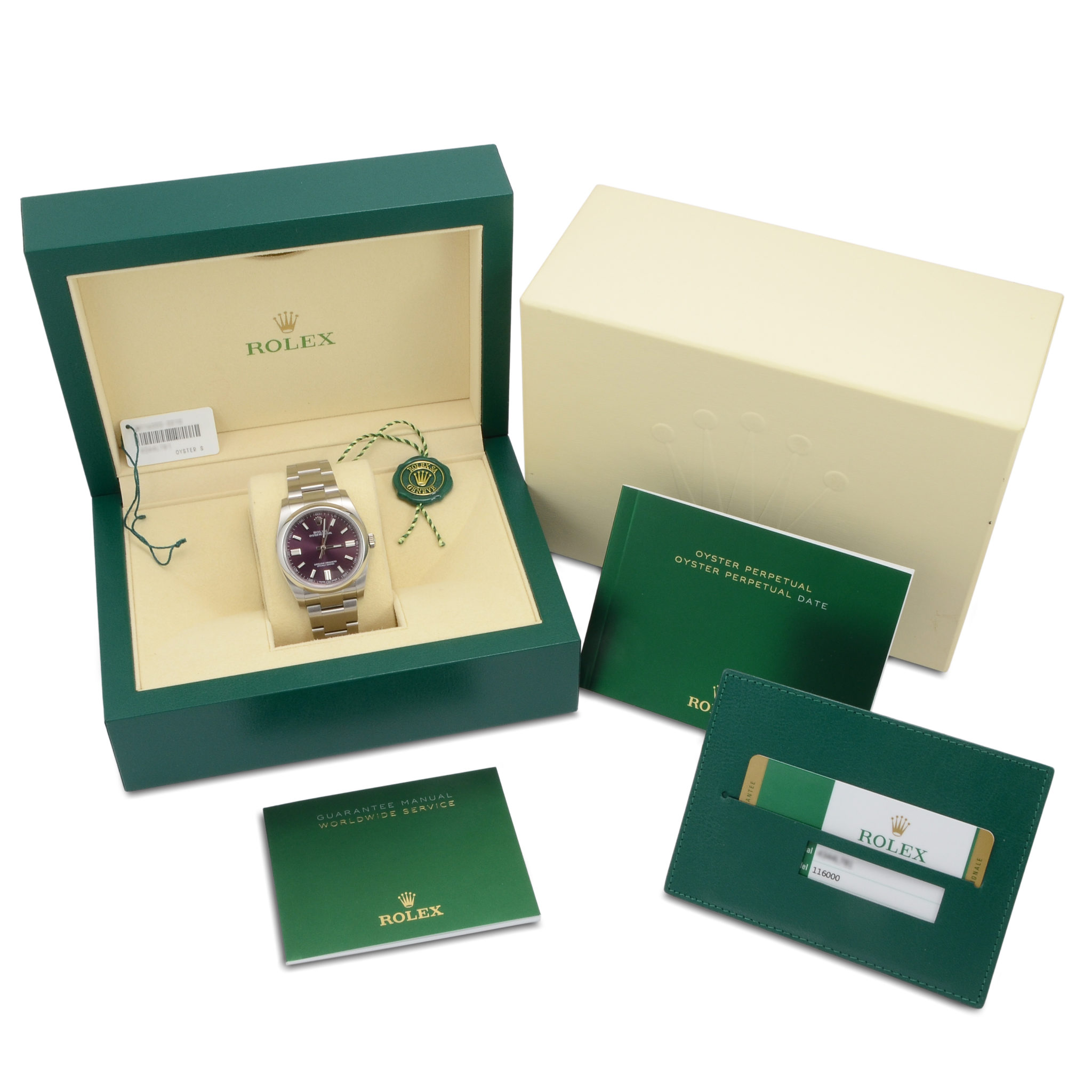 Second Hand Rolex Oyster Perpetual 116000 with a red grape (purple) dial Front view image of a used Rolex Oyster Perpetual 116000, 36mm case size, on a stainless steel Oyster bracelet with a starburst effect red grape dial