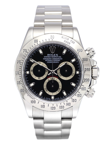 Front view image of a second hand black dial Rolex Daytona 116520