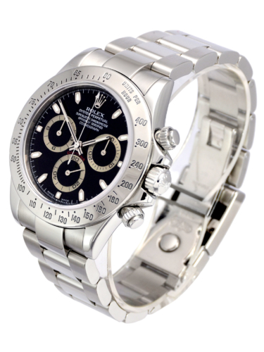 Side view image of a second hand black dial Rolex Daytona 116520
