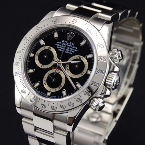 Detailed view image of a second hand black dial Rolex Daytona 116520