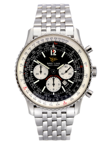 Front view of a previously owned Breitling Navitimer A41322 50th Anniversary Special Edition in stainless steel with a black dial