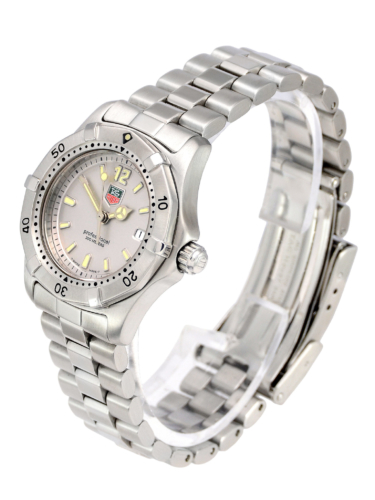 A side view image of a pre-owned TAG Heuer 2000 Professional Series WK1312 ladies' watch with a silver baton dial.