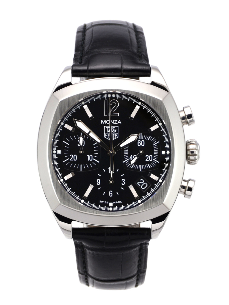 A front view image of a second hand TAG Heuer Monza CR2113-0, in stainless steel, with a black leather strap and black dial.