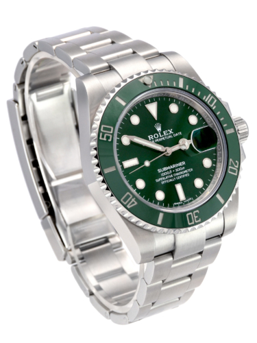 Image of a pre-owned stainless steel 40mm Rolex Submariner Date 116610LV "Hulk" with green dial and green bezel, sold complete with box & papers