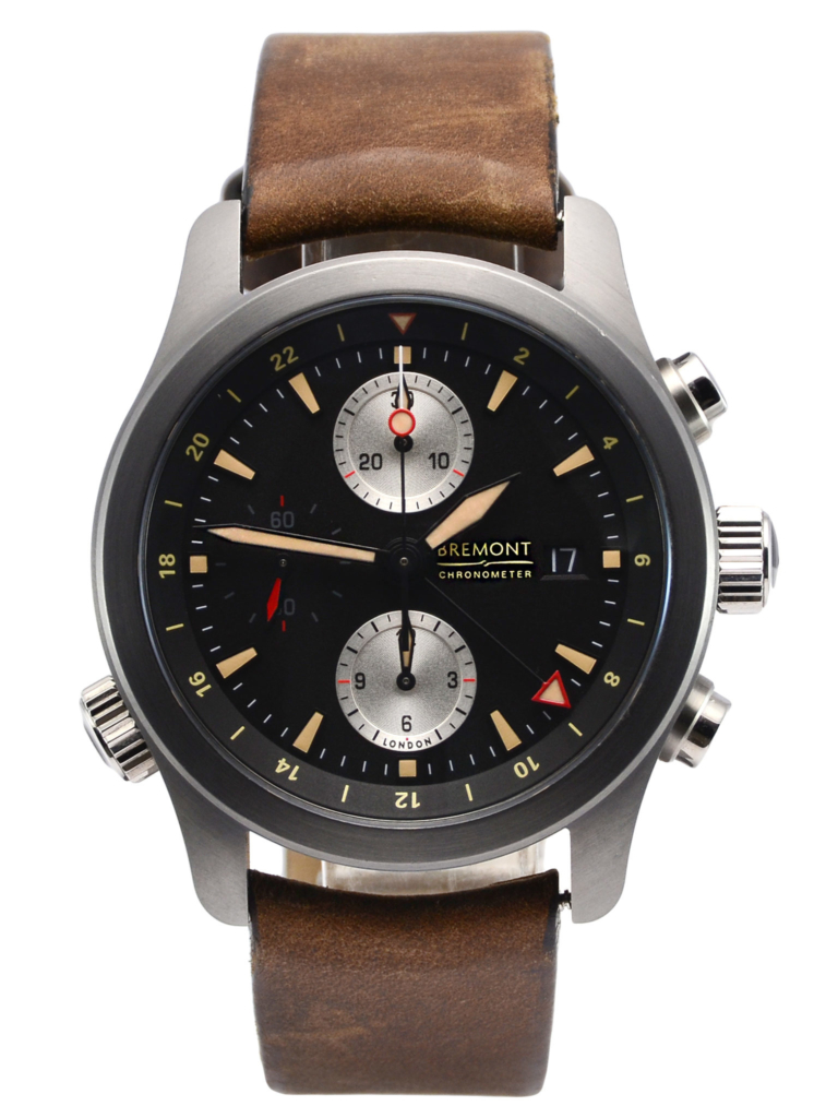 Front view image of a stainless steel Bremont Zulu 51 ALT1-ZT/51 with a brown leather clasp