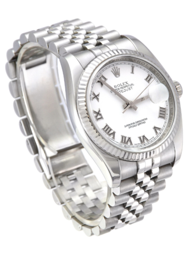 Rolex Datejust 116234 with a white roman numeral dial, presented on a jubilee bracelet