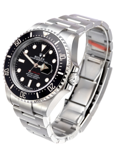 Side view image of a brand new old stock 2017 Rolex Sea-Dweller 126600 "Red Writing"