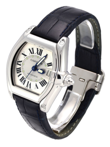 A side view image of a previously owned Cartier Roadster 2510 with a silver dial showing the leather bracelet