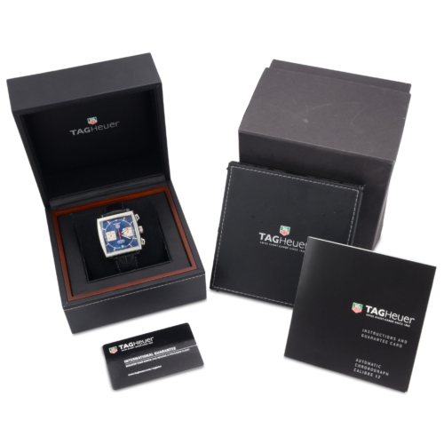 A box & papers view image of a second hand TAG Heuer Monaco Calibre 12 CAW2111.FC6183