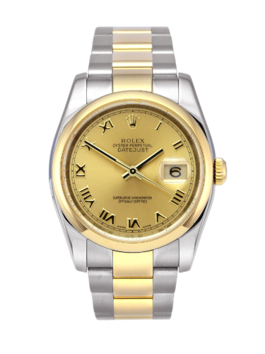 Rolex Datejust 116203 in stainless steel & yellow gold with a champagne Roman numeral dial (front view)
