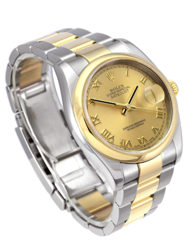 Rolex Datejust 116203 in stainless steel & yellow gold with a champagne Roman numeral dial (side view)
