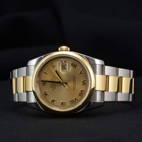 Rolex Datejust 116203 in stainless steel & yellow gold with a champagne Roman numeral dial (detail)