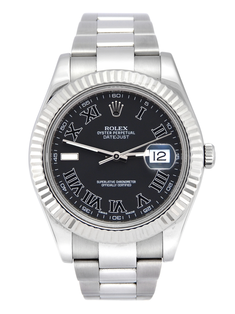 Front view image of a unique 2012 golf competition trophy Rolex Datejust II 116334 with a dark grey Roman numeral dial, on an Oyster bracelet