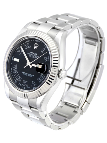 Side view image of a unique 2012 golf competition trophy Rolex Datejust II 116334 with a dark grey Roman numeral dial, on an Oyster bracelet