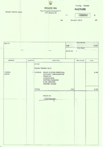 Scan of an invoice with details of a Rolex Datejust II 116334, describing it as 2020 golf competition trophy watch