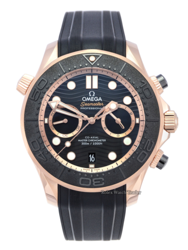 For Sale Brand New Unworn Omega Seamaster Diver 300m Sedna Gold Co-Axial Chronograph 44mm 210.62.44.51.01.001 Rose Gold Rubber Strap