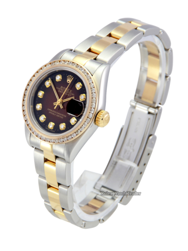 Diamond set Rolex Lady-Datejust 79163 with a unique red vignette dial For Sale Available Purchase Buy Online with Part Exchange or Direct Sale Manchester North West England UK Great Britain Buy Today Free Next Day Delivery Warranty Luxury Watch Watches