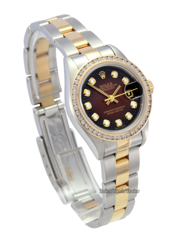 Diamond set Rolex Lady-Datejust 79163 with a unique red vignette dial For Sale Available Purchase Buy Online with Part Exchange or Direct Sale Manchester North West England UK Great Britain Buy Today Free Next Day Delivery Warranty Luxury Watch Watches