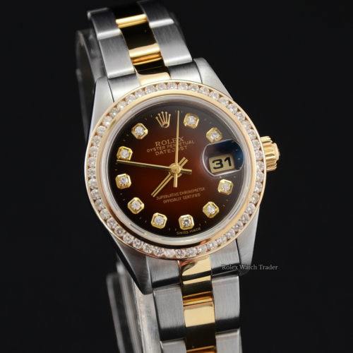 For Sale Pre-Owned Authentic Genuine Rolex Lady-Datejust 79163 26mm Red Vignette Diamond Dot Dial Diamond Bezel Steel Gold