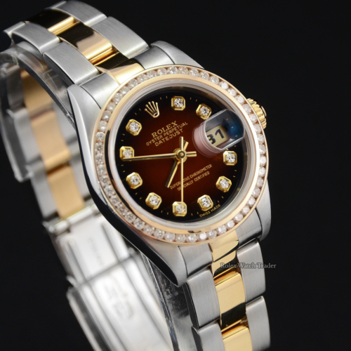 For Sale Pre-Owned Authentic Genuine Rolex Lady-Datejust 79163 26mm Red Vignette Diamond Dot Dial Diamond Bezel Steel Gold