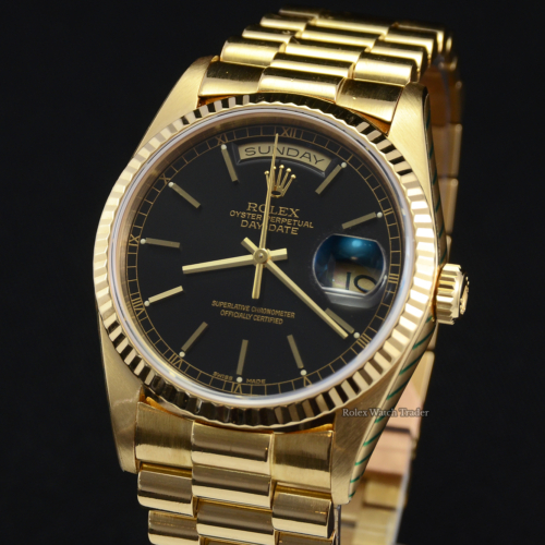 Rolex Day-Date President 18238 SERVICED BY ROLEX 36mm Yellow Gold Black Dial Pre-Owned Second Hand Excellent Condition Used Black Dial Yellow Gold Stunning DayDate DD 36mm For Sale Available to Purchase Today
