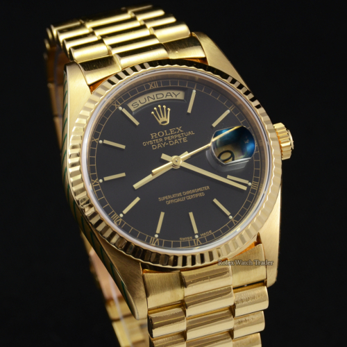 Rolex Day-Date President 18238 SERVICED BY ROLEX 36mm Yellow Gold Black Dial Pre-Owned Second Hand Excellent Condition Used Black Dial Yellow Gold Stunning DayDate DD 36mm For Sale Available to Purchase Today