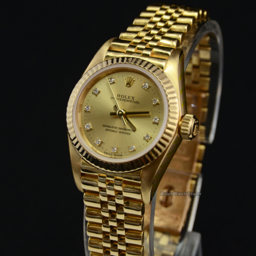 Rolex Oyster Perpetual 67198 SERVICED BY ROLEX Yellow Gold Diamond Dot Pre-Owned Serviced 2 Year Warranty For Sale Available Purchase Online with Part Exchange or Direct Sale Manchester North West England UK Great Britain Buy Today