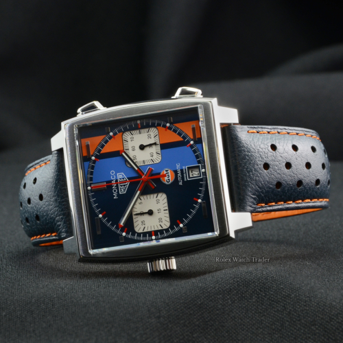 TAG Heuer Monaco Chronograph Calibre 11 Gulf CAW211R Pre-Owned Second Hand Blue and Orange For Sale Available Purchase Online with Part Exchange or Direct Sale Manchester North West England UK Great Britain Buy Today