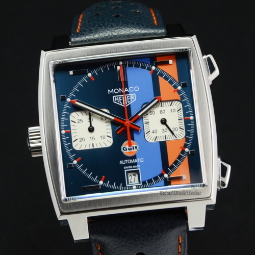 TAG Heuer Monaco Chronograph Calibre 11 Gulf CAW211R Pre-Owned Second Hand Blue and Orange For Sale Available Purchase Online with Part Exchange or Direct Sale Manchester North West England UK Great Britain Buy Today