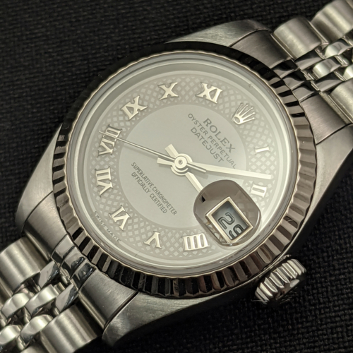 Rolex Lady-Datejust 79174 Pearlescent Web Pattern Roman Numeral Dial Pre-Owned MOP Used Second Hand For Sale Available Purchase Online with Part Exchange or Direct Sale Manchester North West England UK Great Britain Buy Today