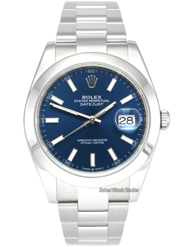 Rolex Datejust 126300 41mm 2019 UK Blue Baton Dial Pre-Owned Used Second Hand Mint Condition For Sale Available Purchase Buy Online with Part Exchange or Direct Sale Manchester North West England UK Great Britain Buy Today Free Next Day Delivery Warranty Luxury Watch Watches