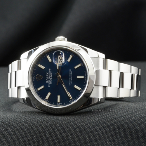 Rolex Datejust 126300 41mm 2019 UK Blue Baton Dial Pre-Owned Used Second Hand Mint Condition For Sale Available Purchase Buy Online with Part Exchange or Direct Sale Manchester North West England UK Great Britain Buy Today Free Next Day Delivery Warranty Luxury Watch Watches