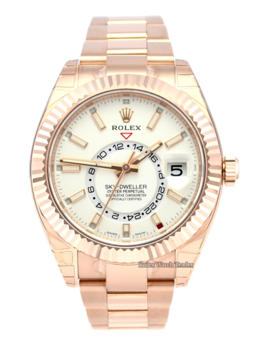 Rolex Sky-Dweller 326935 Rose Gold 42mm Unworn Stickers Brand New Ivory Intense White Dial Rose Gold Case and Bracelet Everose Gold SD SkyDweller Sky Dweller For Sale Available Purchase Buy Online with Part Exchange or Direct Sale Manchester North West England UK Great Britain Buy Today Free Next Day Delivery Warranty Luxury Watch Watches