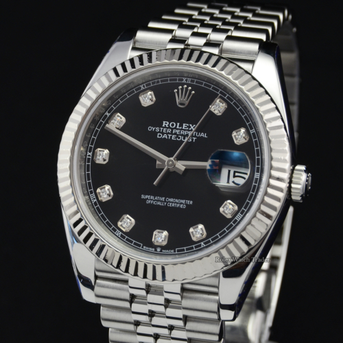 Rolex Datejust 126334 41mm Rolex Service Stickers Black Diamond Dot Dial White Gold Bezel Jubilee Bracelet For Sale Available Purchase Buy Online with Part Exchange or Direct Sale Manchester North West England UK Great Britain Buy Today Free Next Day Delivery Warranty Luxury Watch Watches