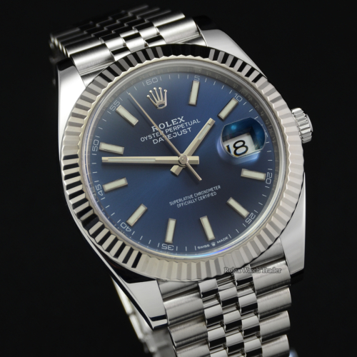 Rolex Datejust 126334 Blue Baton Dial UK 2020 White Gold Fluted Bezel Used Second Hand Pre-Owned 2020 41mm For Sale Available Purchase Buy Online with Part Exchange or Direct Sale Manchester North West England UK Great Britain Buy Today Free Next Day Delivery Warranty Luxury Watch Watches