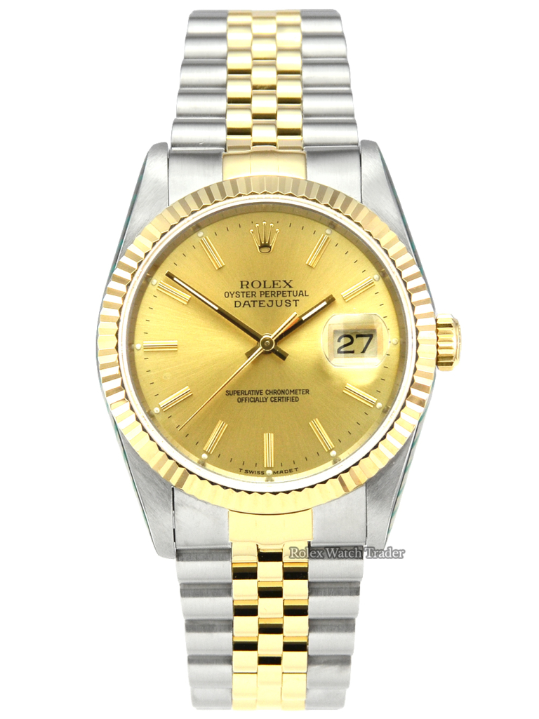 Rolex Datejust 16233 SERVICED BY ROLEX 36mm Bi-Metal Champagne Baton Dial Jubilee Bracelet Fluted Bezel Tritium Sunburst Effect Pre-Owned Second Hand Used For Sale Available Purchase Buy Online with Part Exchange or Direct Sale Manchester North West England UK Great Britain Buy Today Free Next Day Delivery Warranty Luxury Watch Watches