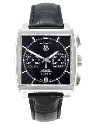 TAG Heuer Monaco Calibre 12 CAW2110 Black Dial Black Leather Strap 2013 Chronograph Stainless Steel Luminous Alligator Leather For Sale Available Purchase Buy Online with Part Exchange or Direct Sale Manchester North West England UK Great Britain Buy Today Free Next Day Delivery Warranty Luxury Watch Watches