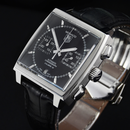 TAG Heuer Monaco Calibre 12 CAW2110 Black Dial Black Leather Strap 2013 Chronograph Stainless Steel Luminous Alligator Leather For Sale Available Purchase Buy Online with Part Exchange or Direct Sale Manchester North West England UK Great Britain Buy Today Free Next Day Delivery Warranty Luxury Watch Watches