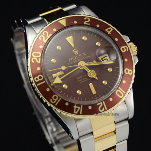 Rolex GMT-Master 1675 Root Beer Nipple Matte Brown Dial ca. 1971 Rootbeer Unique Bezel Insert Rare Vintage Bimetal Bronze Bezel For Sale Available Purchase Buy Online with Part Exchange or Direct Sale Manchester North West England UK Great Britain Buy Today Free Next Day Delivery Warranty Luxury Watch Watches