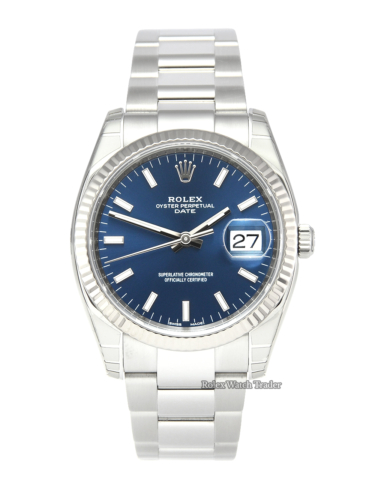 Rolex Oyster Perpetual Date 115234 34mm Blue Baton Dial Rolex Service Used Second Hand Pre-Owned For Sale Available Purchase Buy Online with Part Exchange or Direct Sale Manchester North West England UK Great Britain Buy Today Free Next Day Delivery Warranty Luxury Watch Watches