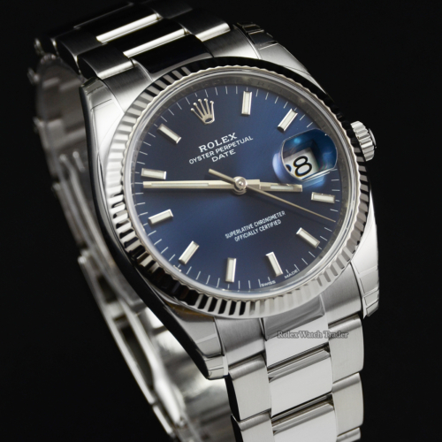Rolex Oyster Perpetual Date 115234 34mm Blue Baton Dial Rolex Service Used Second Hand Pre-Owned For Sale Available Purchase Buy Online with Part Exchange or Direct Sale Manchester North West England UK Great Britain Buy Today Free Next Day Delivery Warranty Luxury Watch Watches